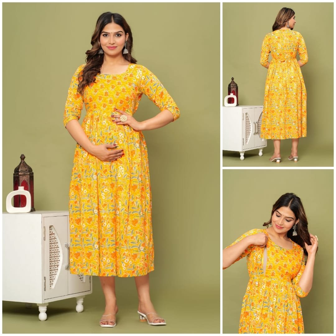 Yellow Print Feeding & Maternity Dress