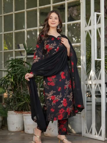 Black With Red Kurthis with pant and dupatta 3pcs set